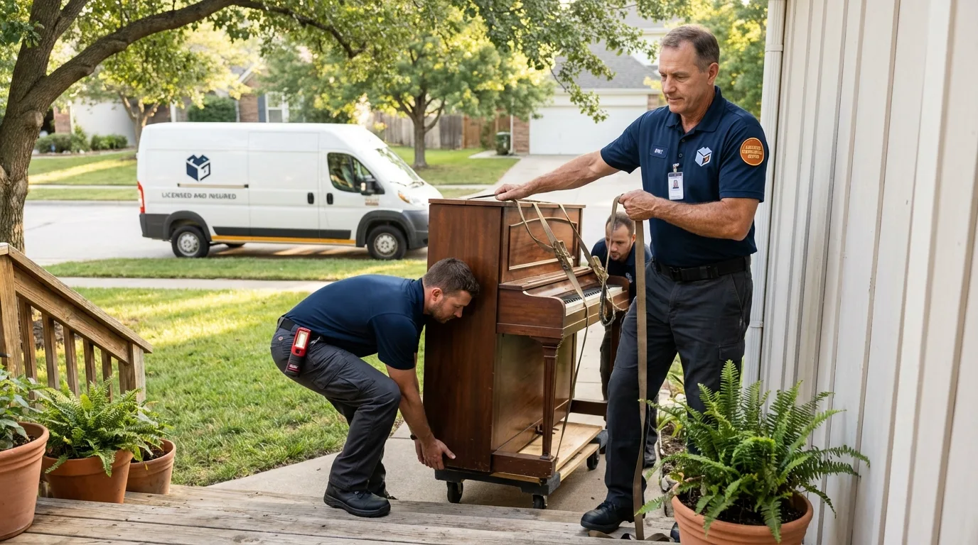 Licensed piano movers securing grand piano in Nanuet, NY