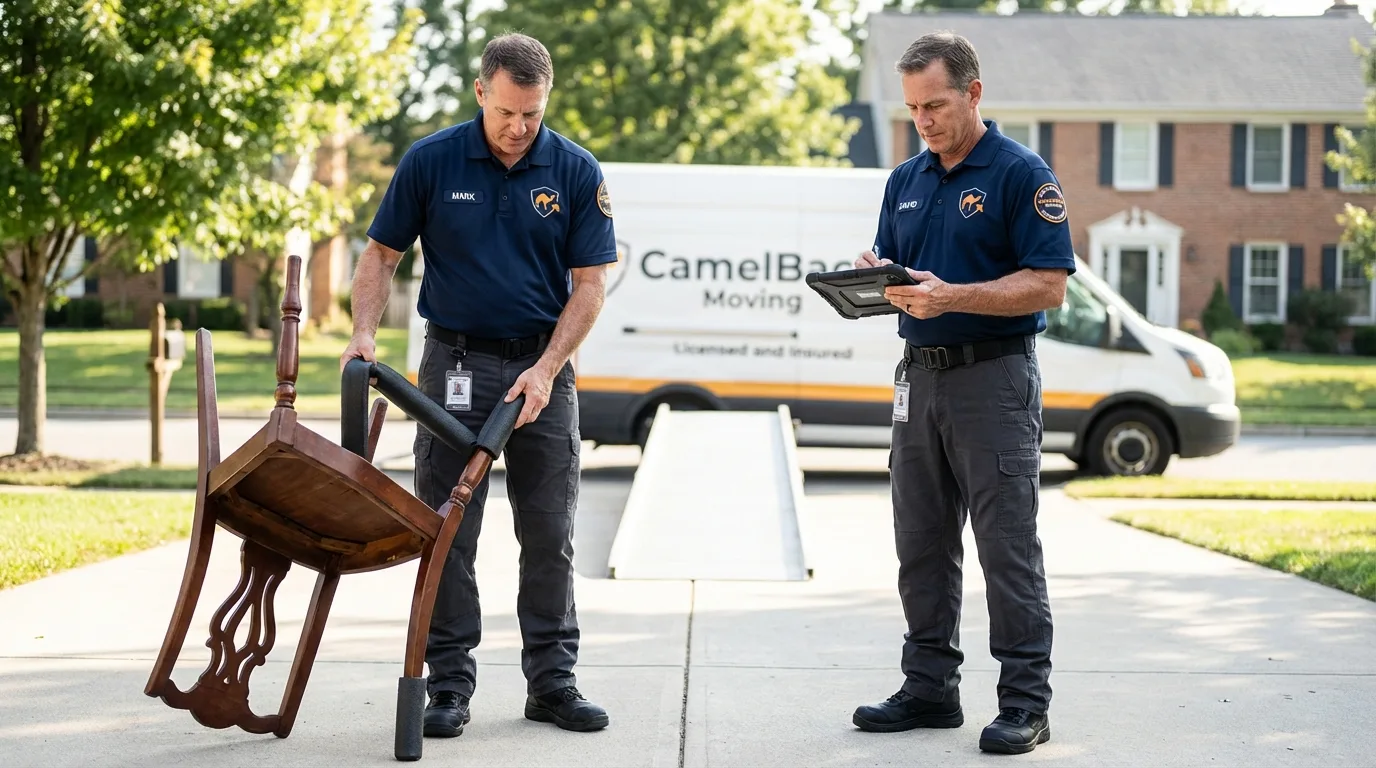 Movers inspecting furniture for damage prevention before loading in Nanuet, NY