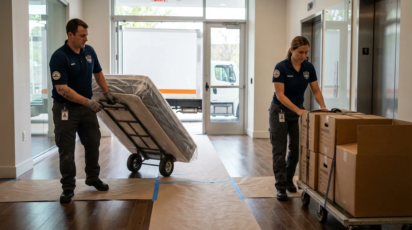 Professional apartment movers loading elevator in Nanuet, NY