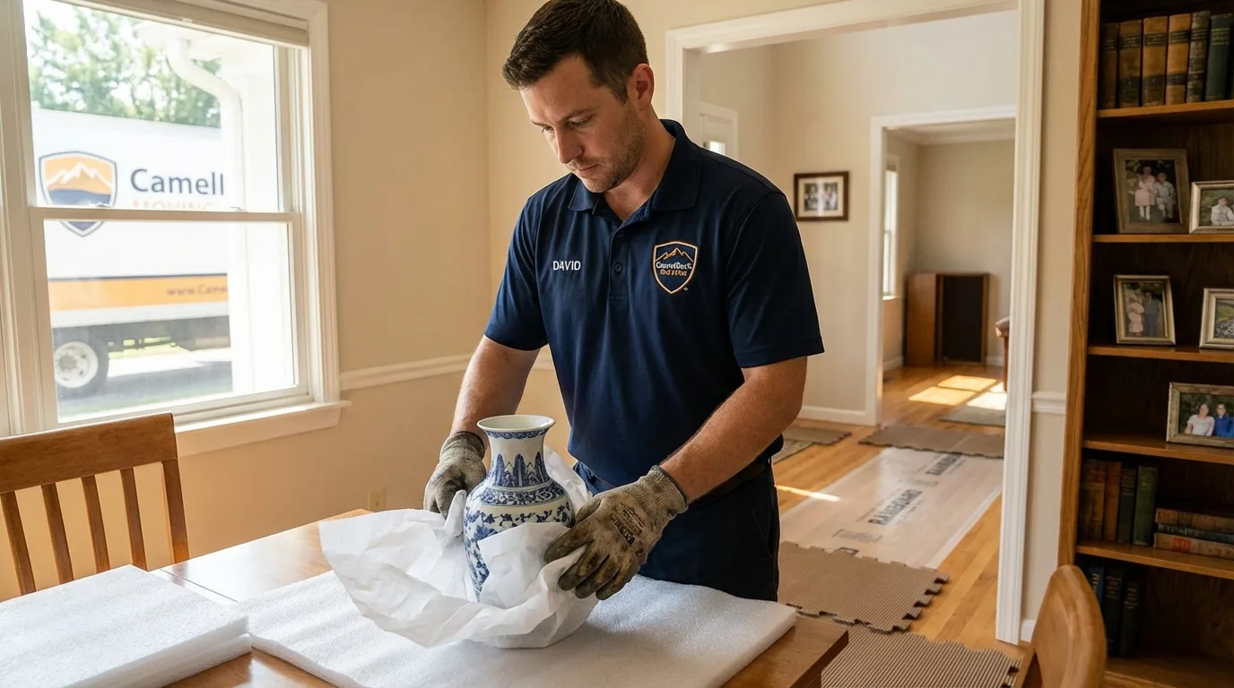 Professional crew carefully wrapping antique vase for senior downsizing move in Nanuet, NY